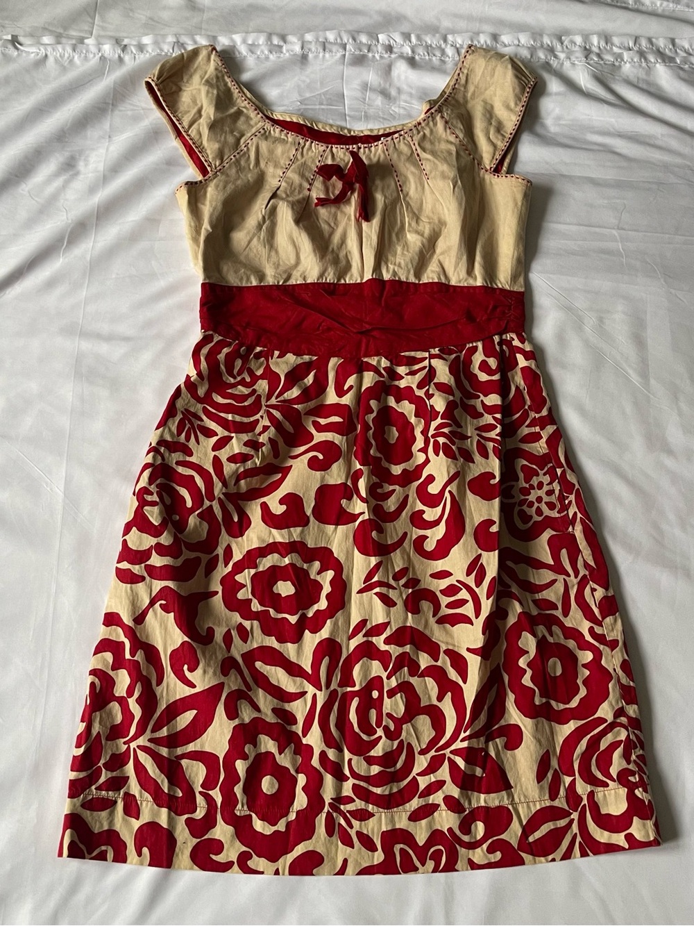 Girls Cream and Red Floral Casual Dress with Waistband
